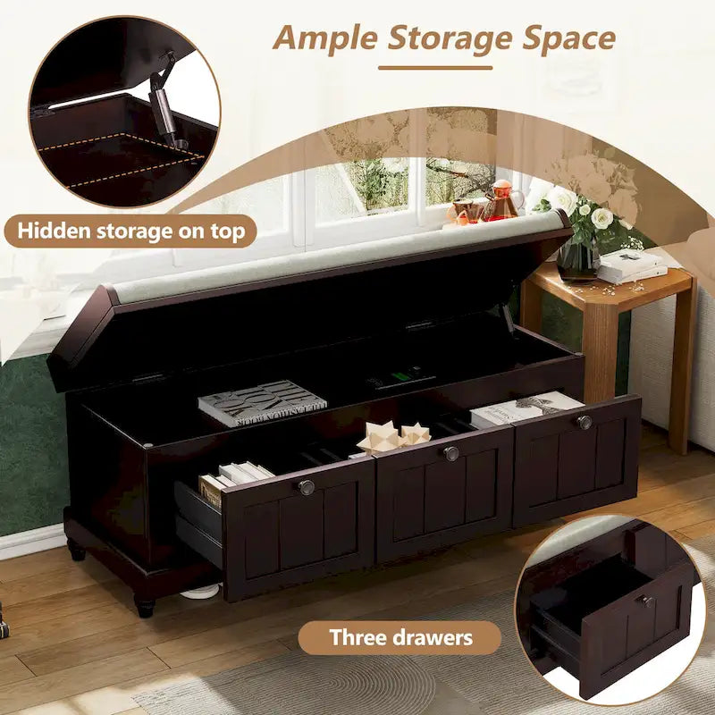 Banc à chaussures avec coussin rabattable et espace de rangement caché, banc de rangement à chaussures pour entrée avec 3 tiroirs, banc de bout de lit pour chambre