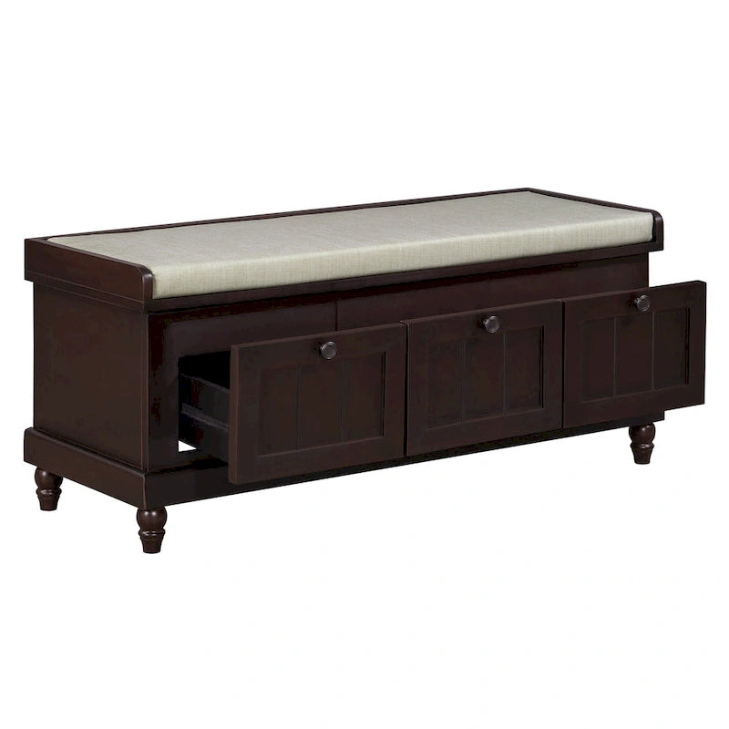 Banc à chaussures avec coussin rabattable et espace de rangement caché, banc de rangement à chaussures pour entrée avec 3 tiroirs, banc de bout de lit pour chambre