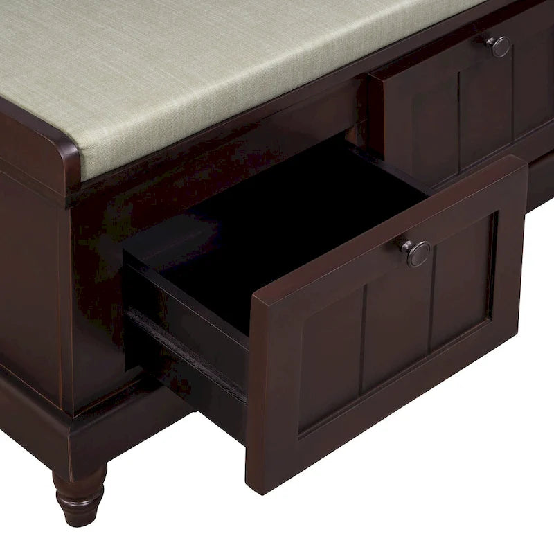 Banc à chaussures avec coussin rabattable et espace de rangement caché, banc de rangement à chaussures pour entrée avec 3 tiroirs, banc de bout de lit pour chambre