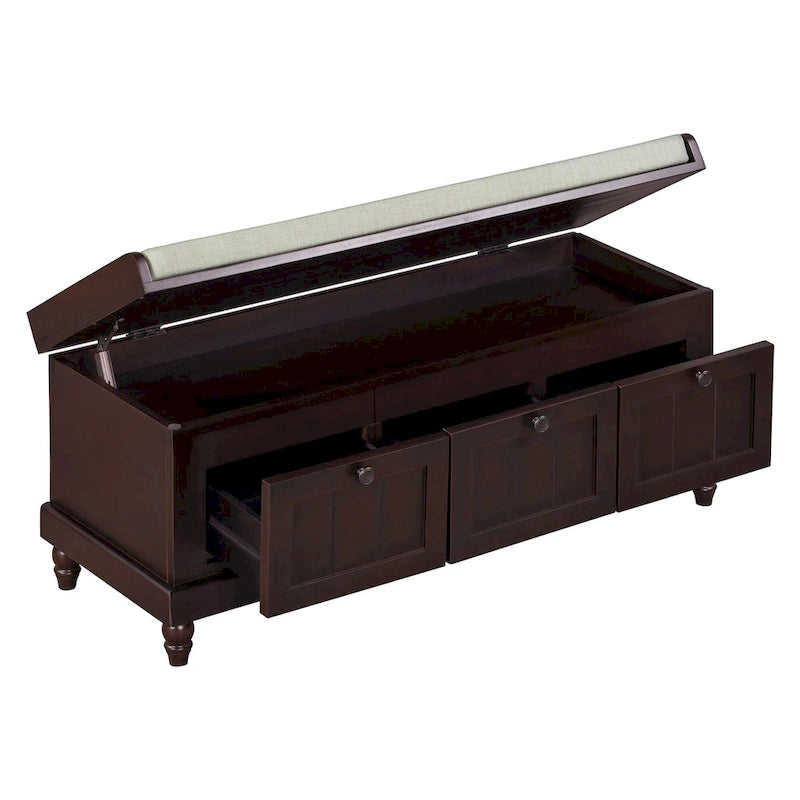 Banc à chaussures avec coussin rabattable et espace de rangement caché, banc de rangement à chaussures pour entrée avec 3 tiroirs, banc de bout de lit pour chambre