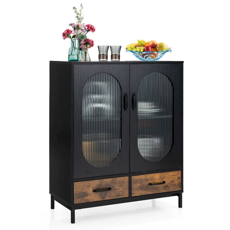 Meuble de rangement de cuisine Costway, buffet autoportant avec 2 portes - Noir, marron rustique - Voir détails