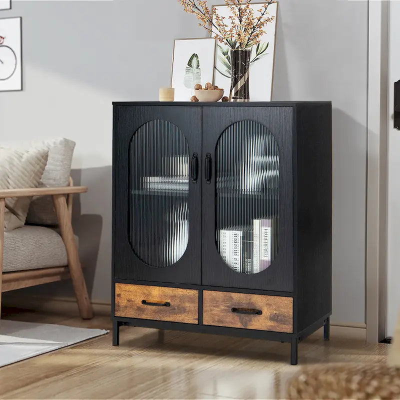 Meuble de rangement de cuisine Costway, buffet autoportant avec 2 portes - Noir, marron rustique - Voir détails