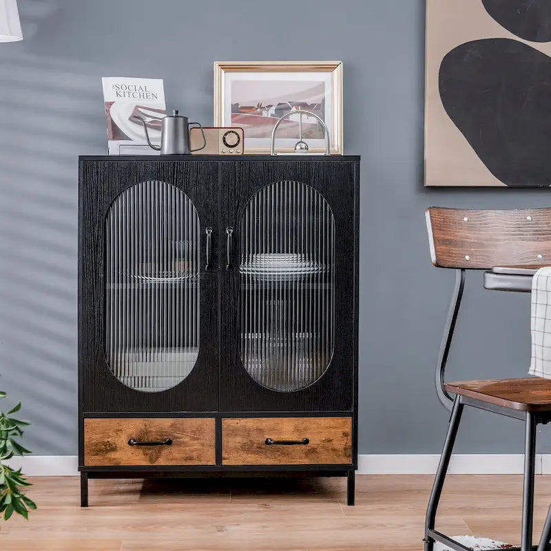 Meuble de rangement de cuisine Costway, buffet autoportant avec 2 portes - Noir, marron rustique - Voir détails