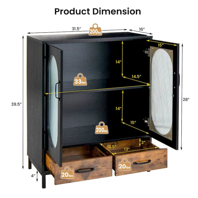 Meuble de rangement de cuisine Costway, buffet autoportant avec 2 portes - Noir, marron rustique - Voir détails