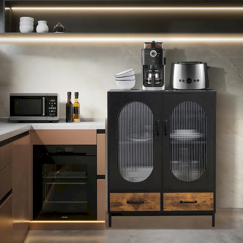 Meuble de rangement de cuisine Costway, buffet autoportant avec 2 portes - Noir, marron rustique - Voir détails