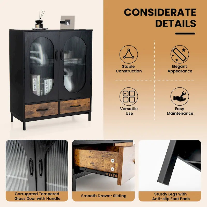 Meuble de rangement de cuisine Costway, buffet autoportant avec 2 portes - Noir, marron rustique - Voir détails