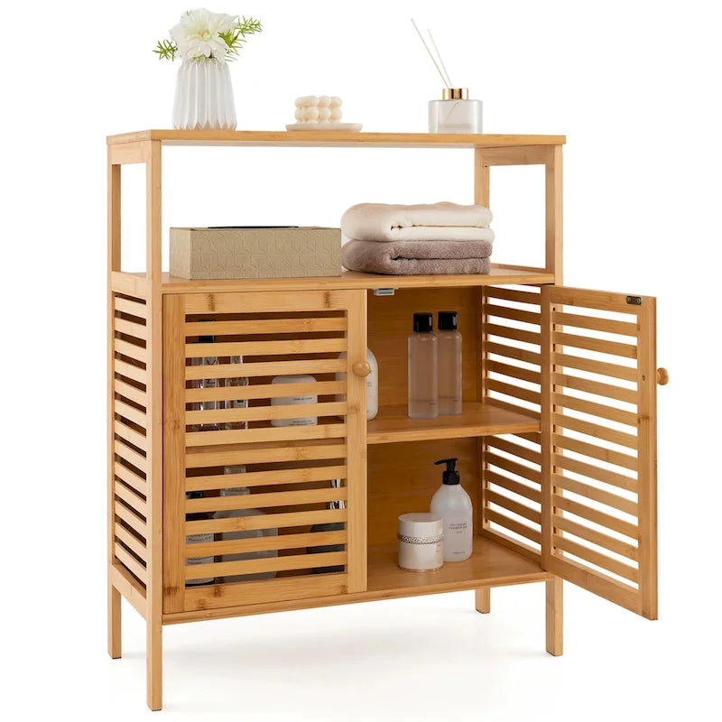 Costway Meuble de Rangement en Bambou avec Double Portes Persiennes Étagère Ouverte & - Voir Détails