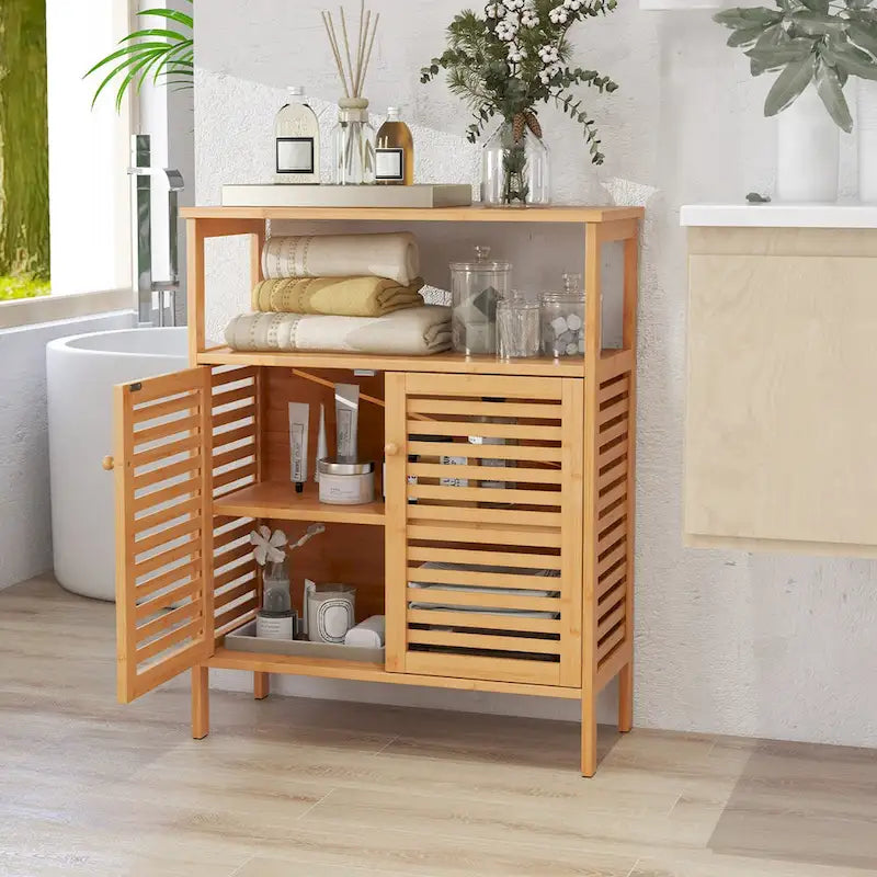 Costway Meuble de Rangement en Bambou avec Double Portes Persiennes Étagère Ouverte & - Voir Détails