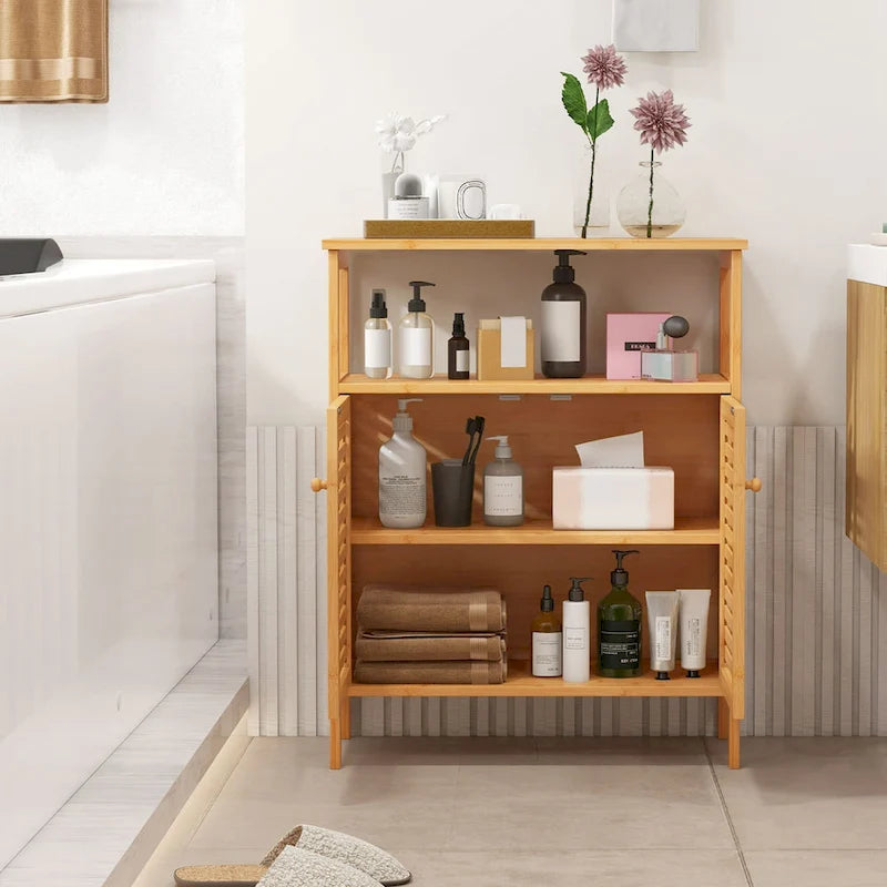 Costway Meuble de Rangement en Bambou avec Double Portes Persiennes Étagère Ouverte & - Voir Détails