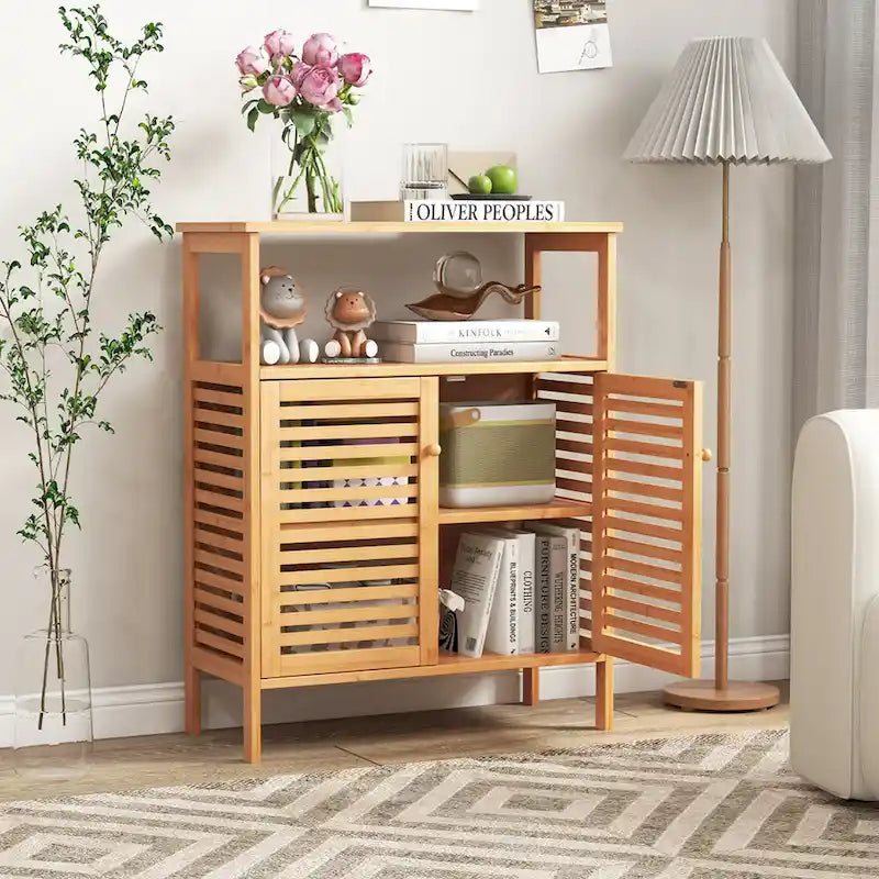 Costway Meuble de Rangement en Bambou avec Double Portes Persiennes Étagère Ouverte & - Voir Détails