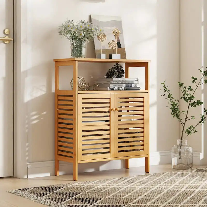 Costway Meuble de Rangement en Bambou avec Double Portes Persiennes Étagère Ouverte & - Voir Détails