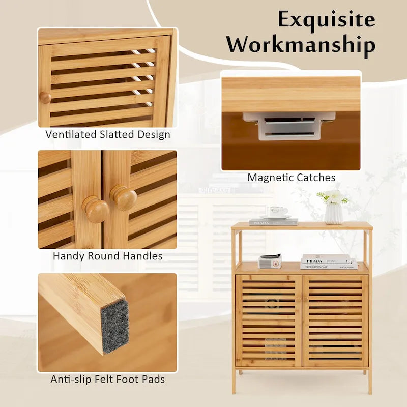 Costway Meuble de Rangement en Bambou avec Double Portes Persiennes Étagère Ouverte & - Voir Détails