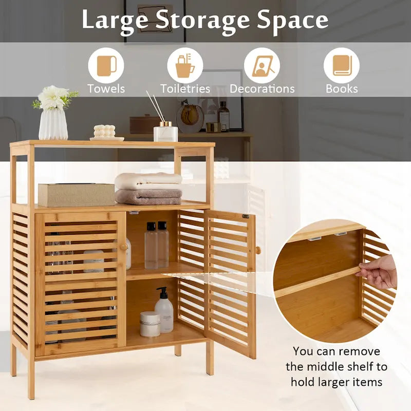 Costway Meuble de Rangement en Bambou avec Double Portes Persiennes Étagère Ouverte & - Voir Détails