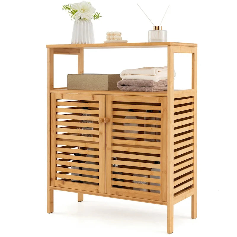 Costway Meuble de Rangement en Bambou avec Double Portes Persiennes Étagère Ouverte & - Voir Détails