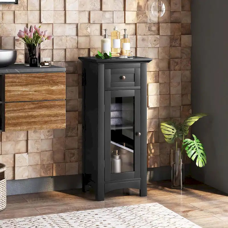 Meuble bas de salle de bain Costway avec porte vitrée, tiroir et – Voir détails