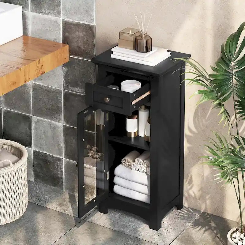 Meuble bas de salle de bain Costway avec porte vitrée, tiroir et – Voir détails