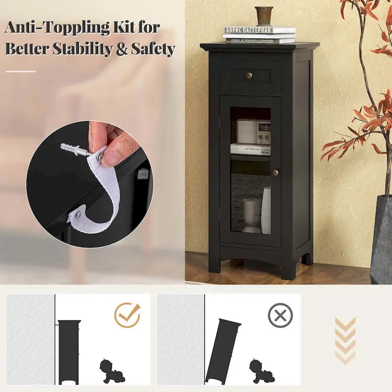 Meuble bas de salle de bain Costway avec porte vitrée, tiroir et – Voir détails