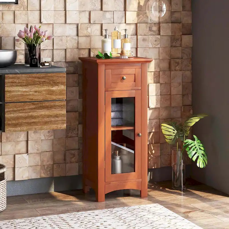 Meuble bas de salle de bain Costway avec porte vitrée, tiroir et – Voir détails