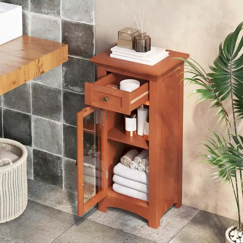 Meuble bas de salle de bain Costway avec porte vitrée, tiroir et – Voir détails