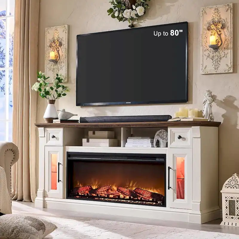 Meuble TV de cheminée de ferme pour téléviseur de 80 pouces, Centre de divertissement