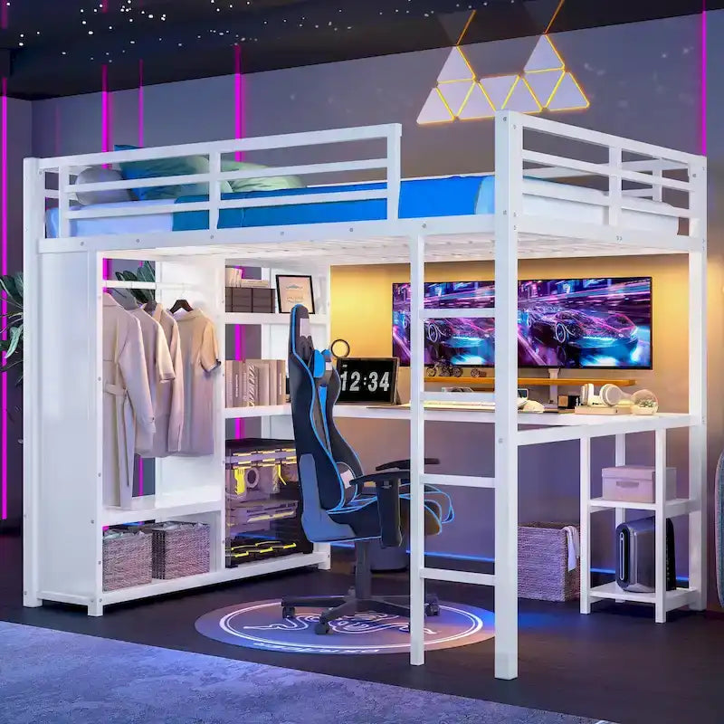 Lit mezzanine Queen avec armoire et bureau intégrés, cadre en métal avec étagères