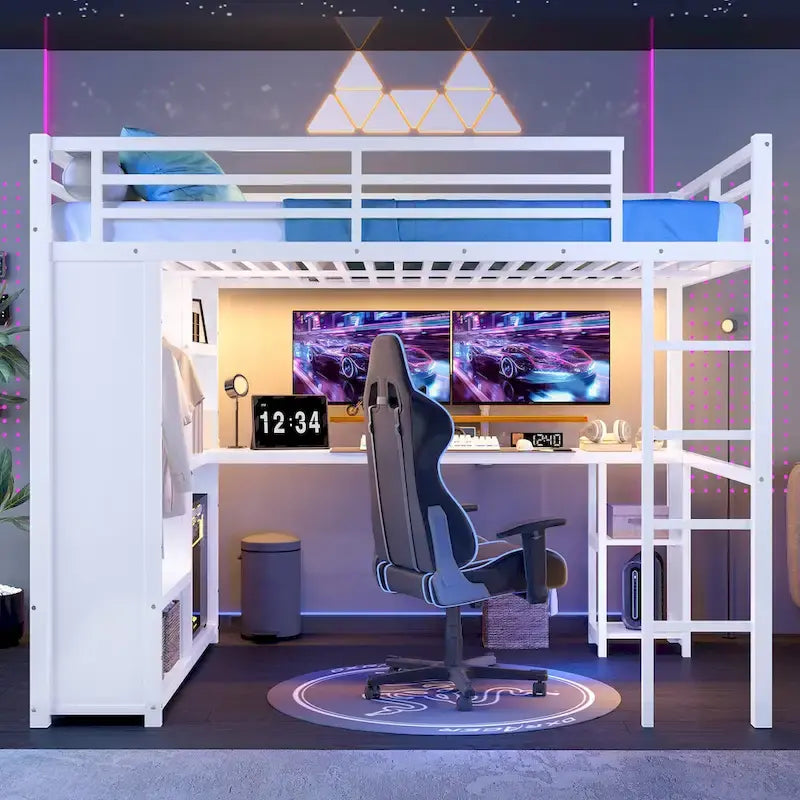 Lit mezzanine Queen avec armoire et bureau intégrés, cadre en métal avec étagères