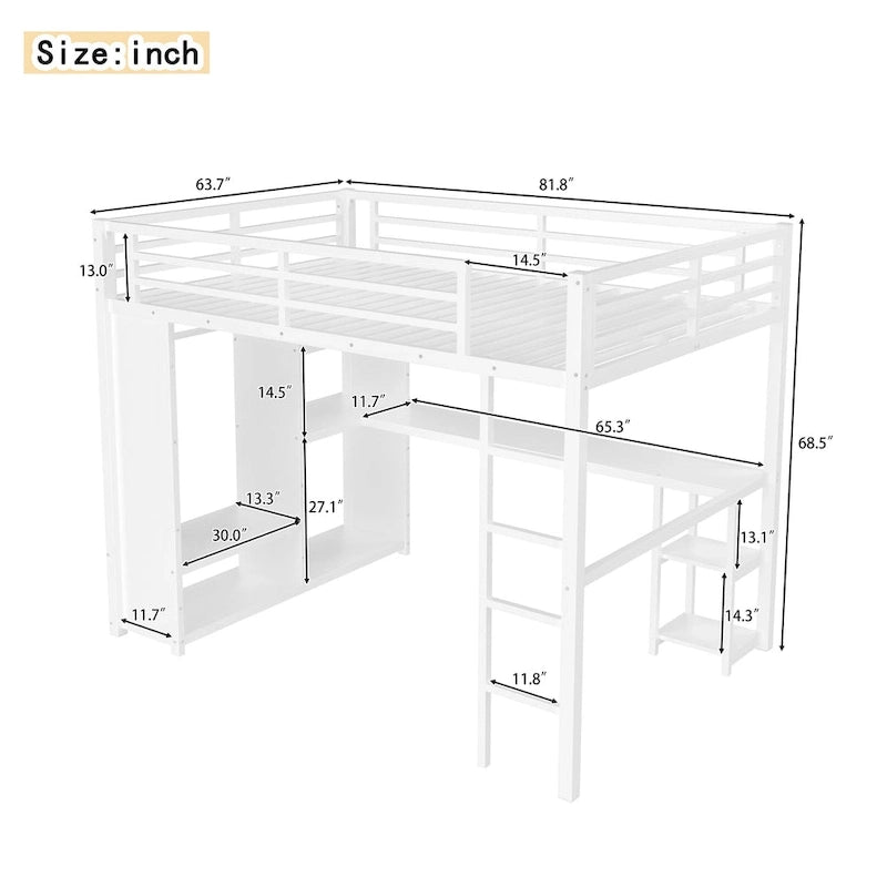 Lit mezzanine Queen avec armoire et bureau intégrés, cadre en métal avec étagères