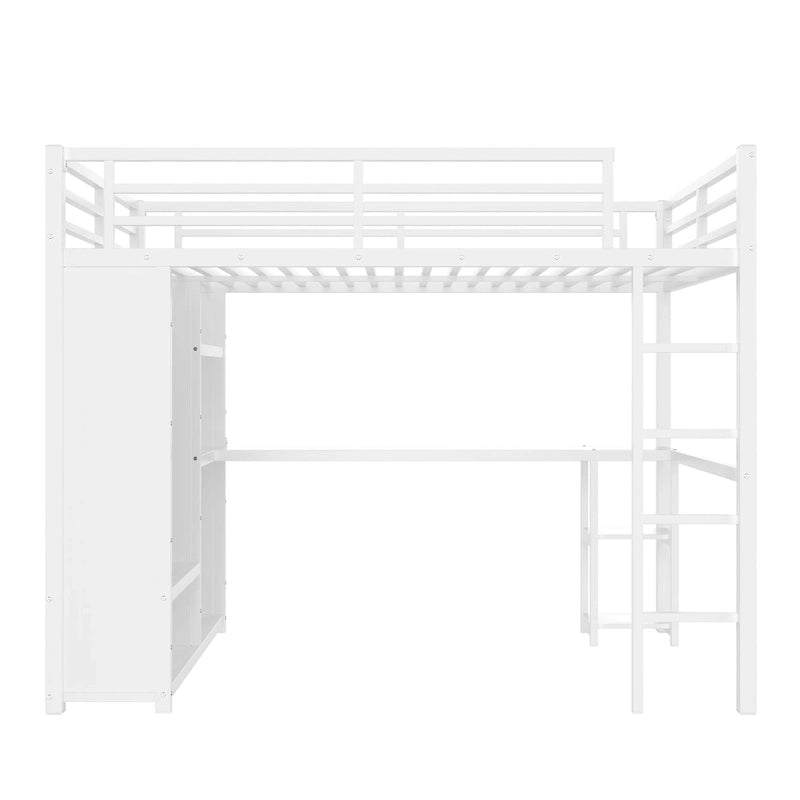 Lit mezzanine Queen avec armoire et bureau intégrés, cadre en métal avec étagères