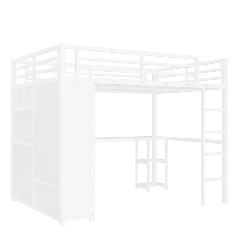 Lit mezzanine Queen avec armoire et bureau intégrés, cadre en métal avec étagères