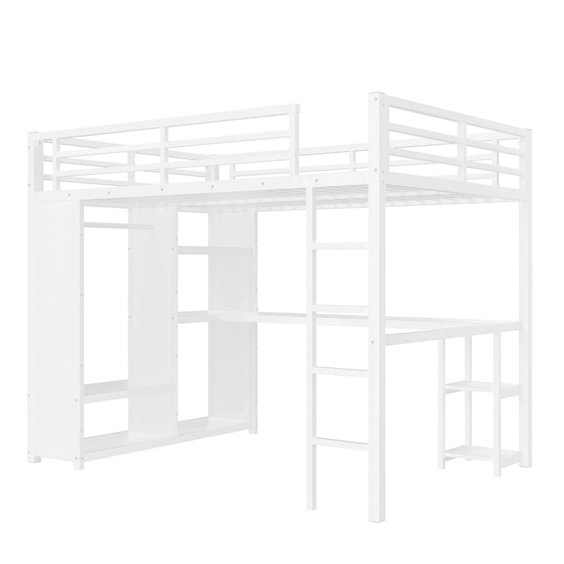 Lit mezzanine Queen avec armoire et bureau intégrés, cadre en métal avec étagères