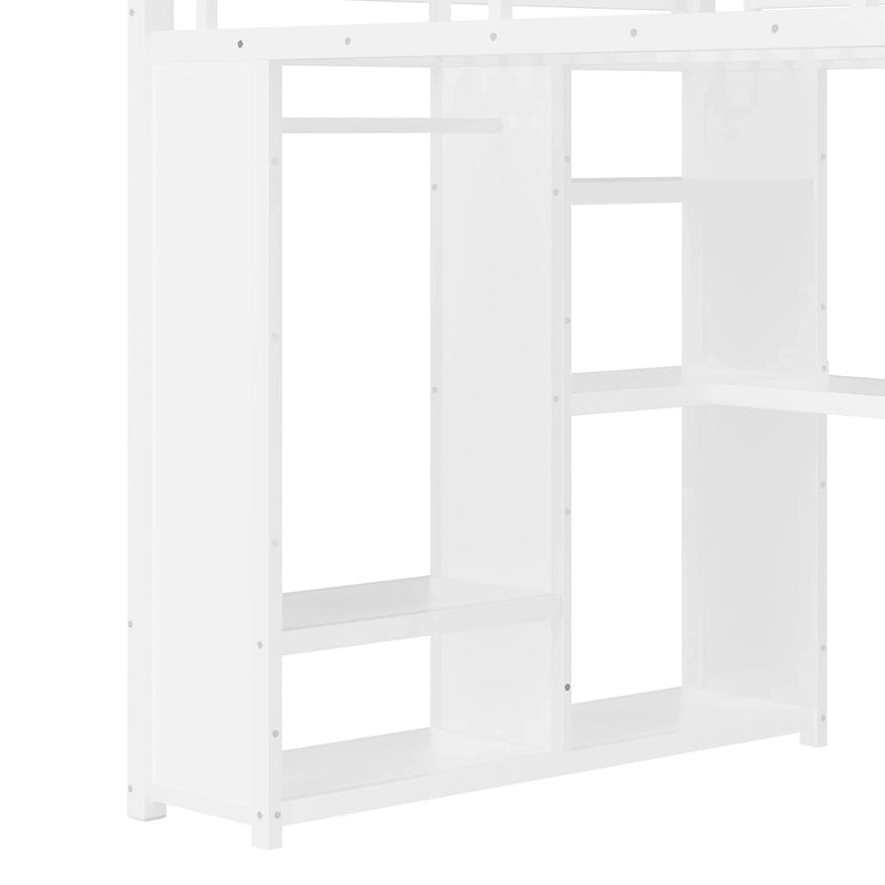 Lit mezzanine Queen avec armoire et bureau intégrés, cadre en métal avec étagères