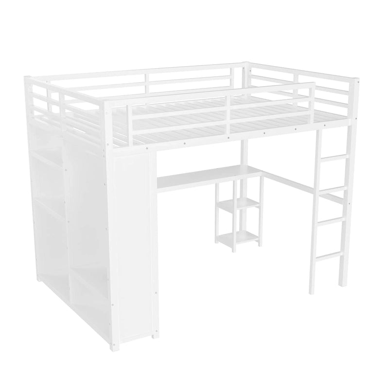 Lit mezzanine Queen avec armoire et bureau intégrés, cadre en métal avec étagères