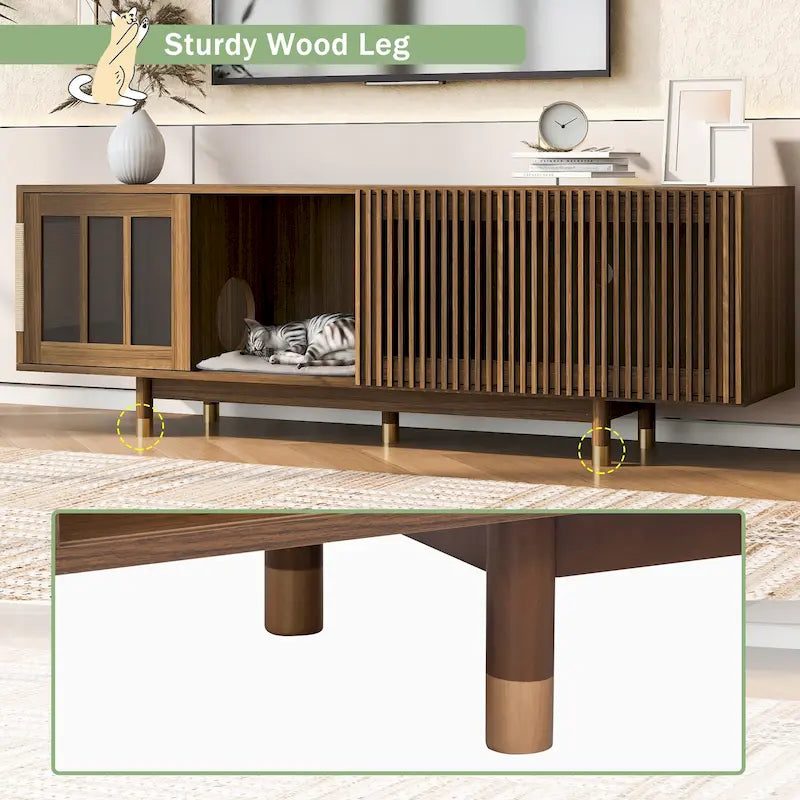 Meuble TV moderne avec niche pour chat, meuble TV avec porte coulissante en verre, console multimédia rabattable