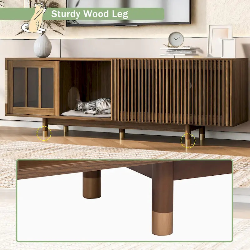 Modern TV Stand with Cat House, Pet-Friendly Entertainment Center with Sliding Glass Door, Flip-Down Media Console