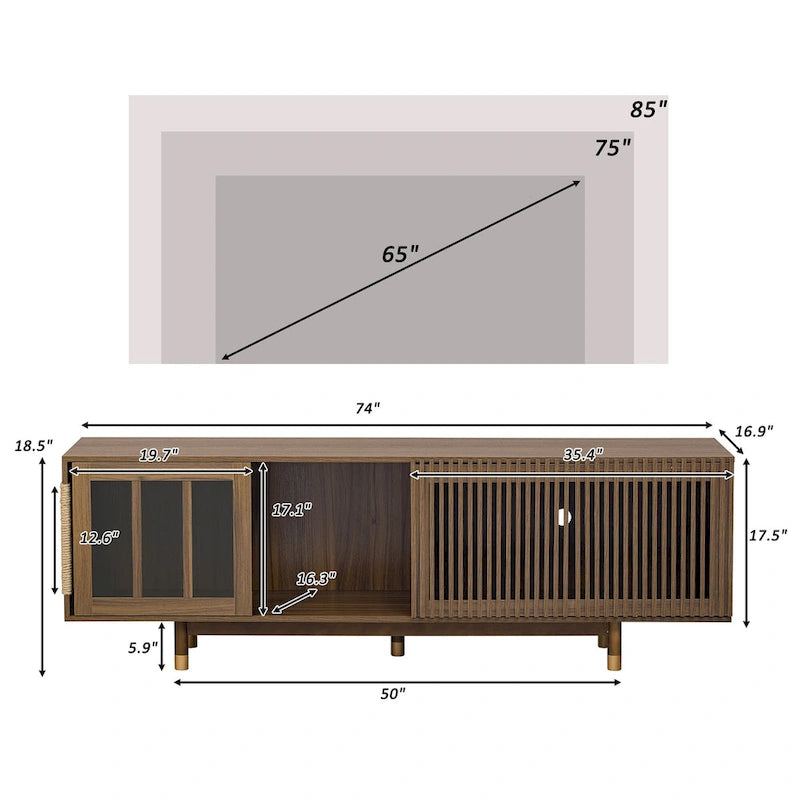 Meuble TV moderne avec niche pour chat, meuble TV avec porte coulissante en verre, console multimédia rabattable