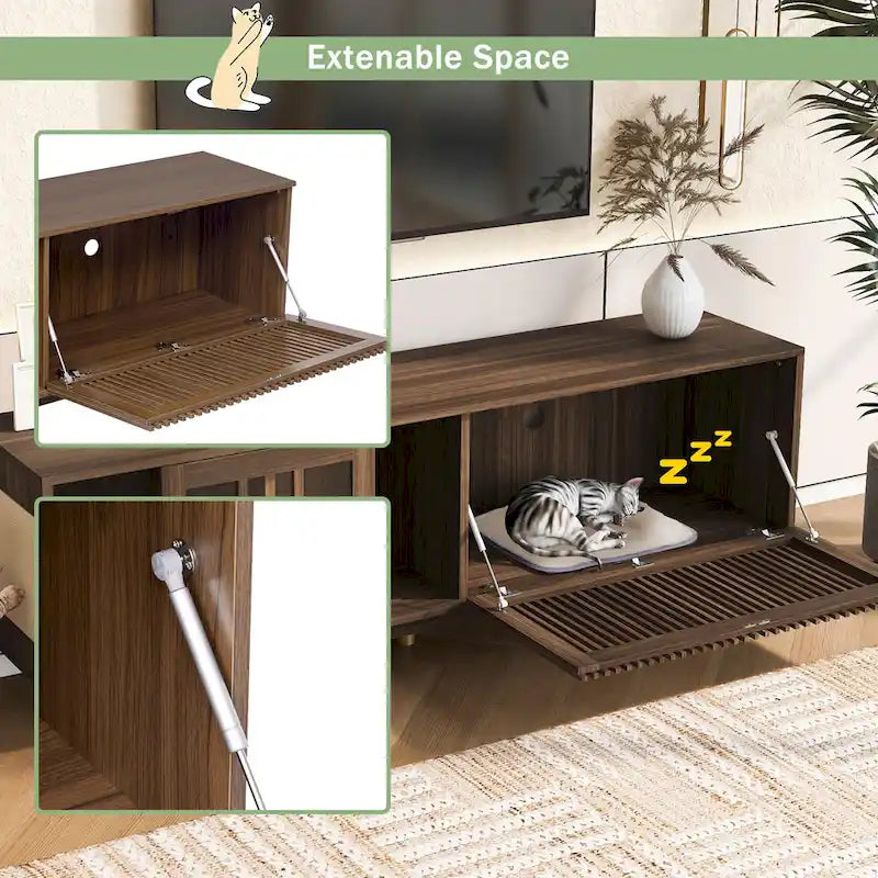 Meuble TV moderne avec niche pour chat, meuble TV avec porte coulissante en verre, console multimédia rabattable