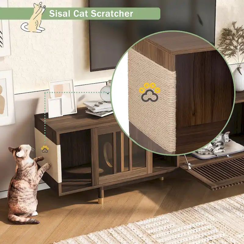 Meuble TV moderne avec niche pour chat, meuble TV avec porte coulissante en verre, console multimédia rabattable