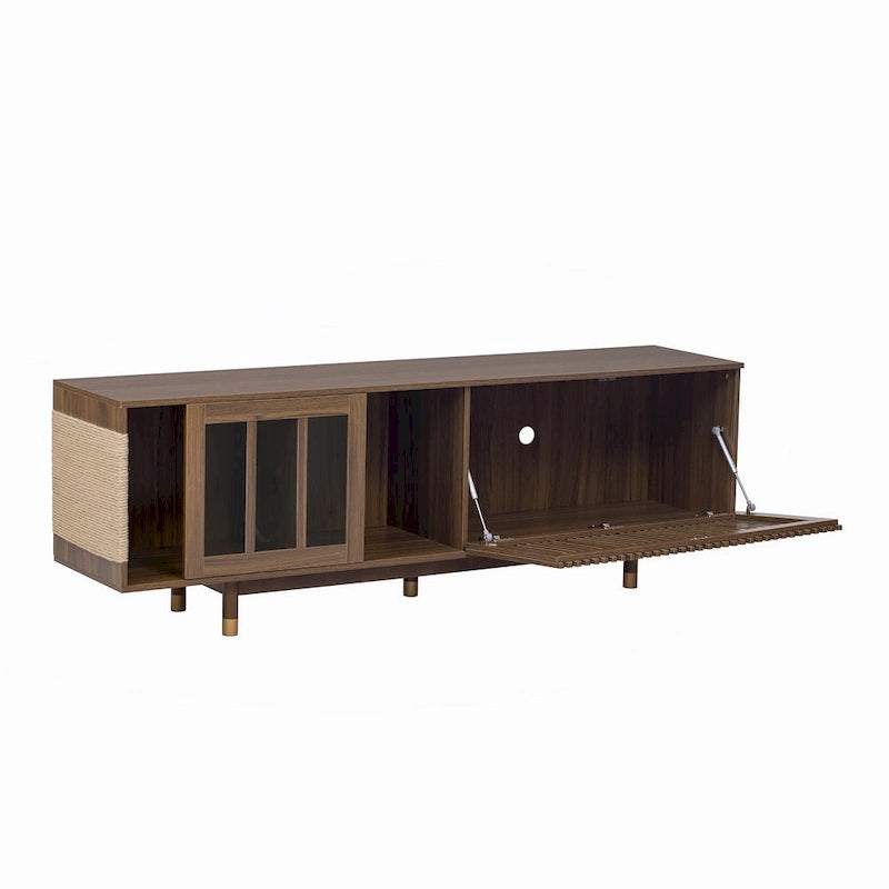 Meuble TV moderne avec niche pour chat, meuble TV avec porte coulissante en verre, console multimédia rabattable