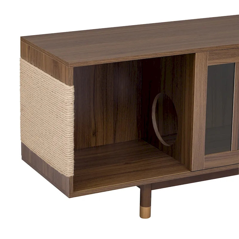Meuble TV moderne avec niche pour chat, meuble TV avec porte coulissante en verre, console multimédia rabattable