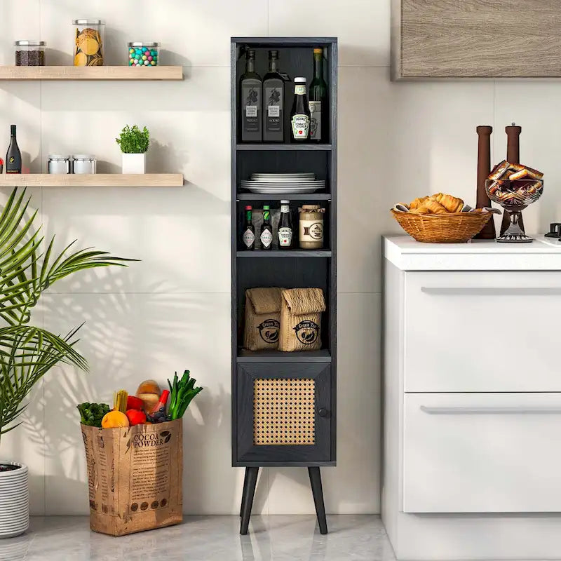 Costway Armoire de Rangement en Rotin, Organisateur Fin Indépendant en Bois - Voir Détails