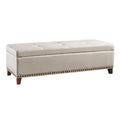 Nancy Storage Ottoman Bench, 51 Inch Beige Fabric, Brass Nailhead Trim