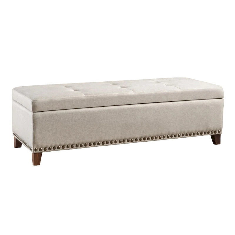 Nancy Storage Ottoman Bench, 51 Inch Beige Fabric, Brass Nailhead Trim