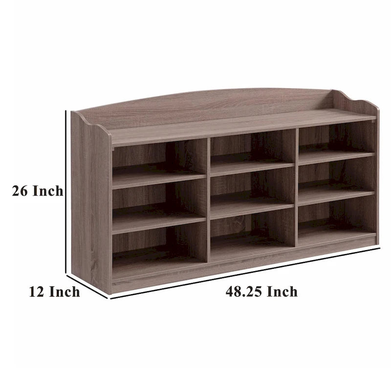Banc à chaussures Hale, plateau de 48 pouces, 9 compartiments ouverts, finition brun taupe