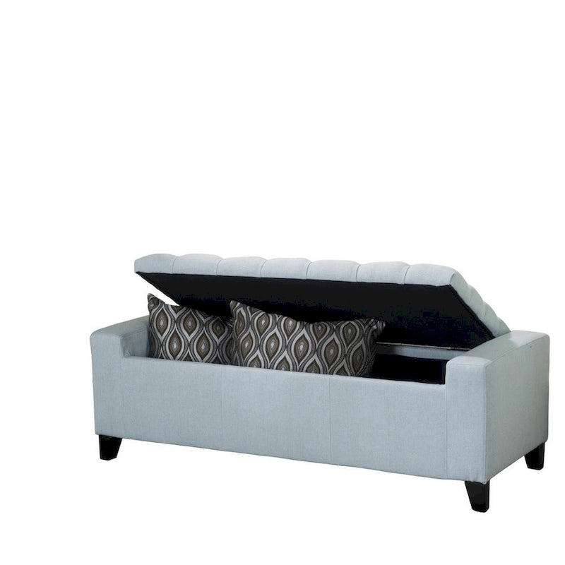 Banc de rangement ottoman Liani, tissu bleu clair, capitonné, 51 pouces