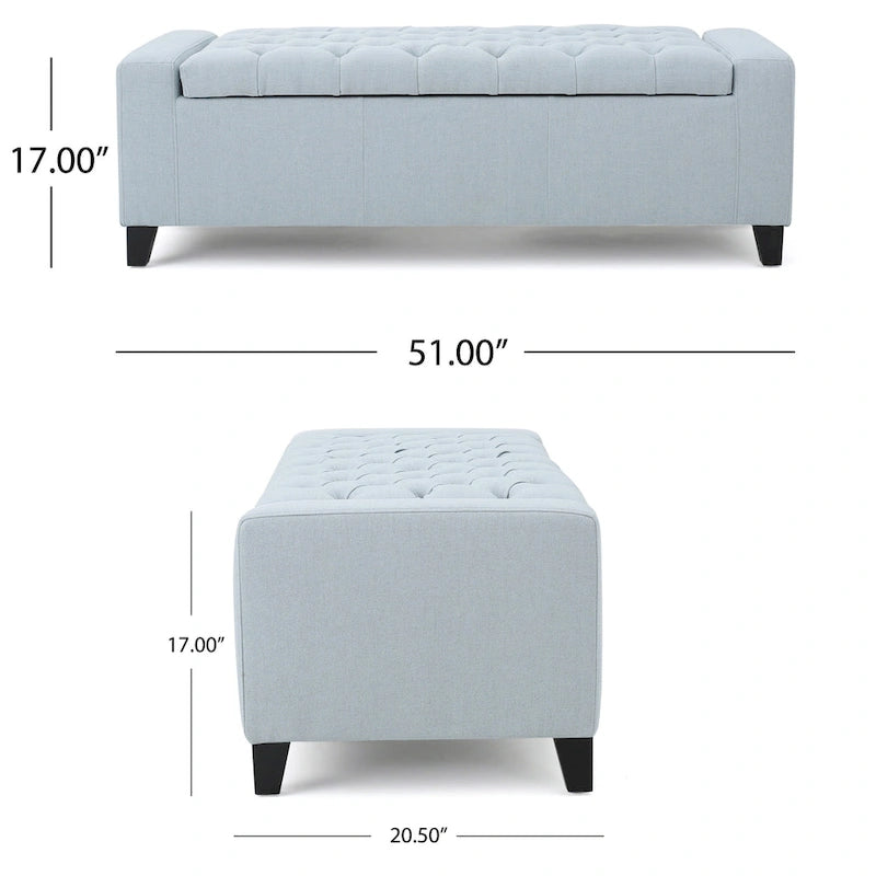Banc de rangement ottoman Liani, tissu bleu clair, capitonné, 51 pouces