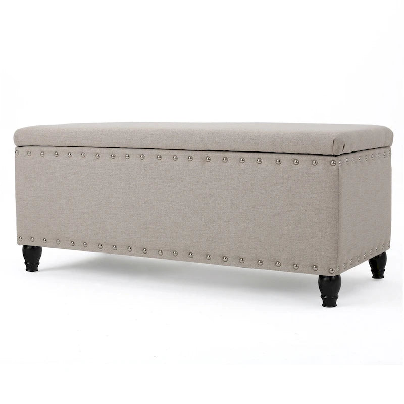 Banc ottoman de rangement Sharon, tissu beige, garniture cloutée, 42 pouces