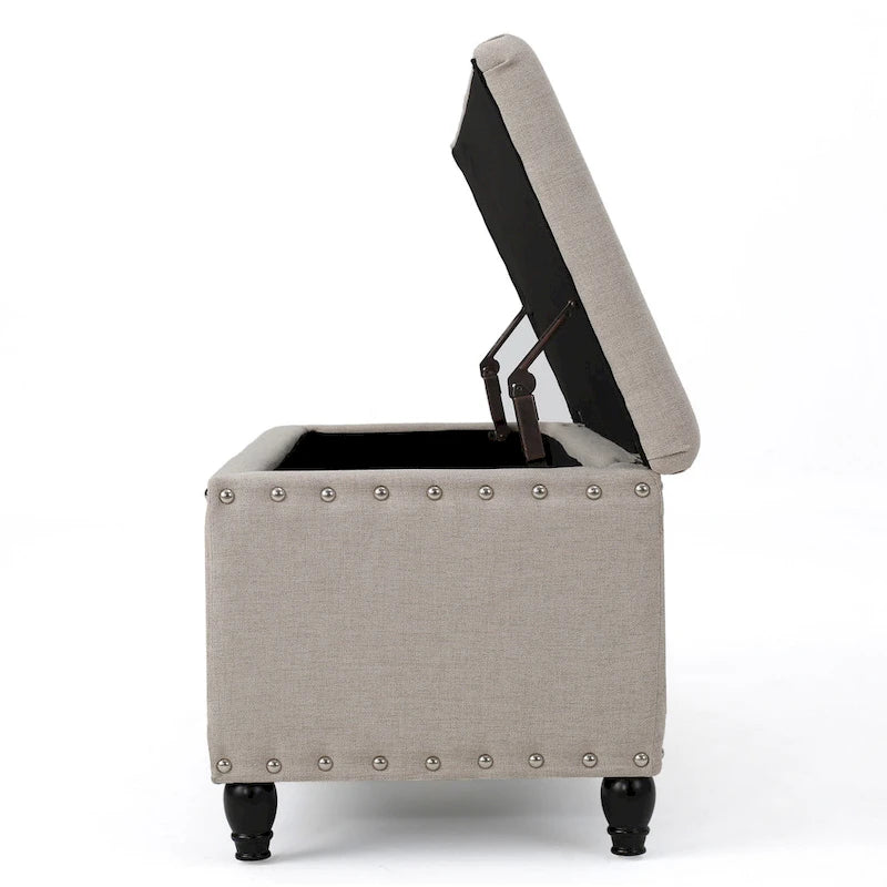 Banc ottoman de rangement Sharon, tissu beige, garniture cloutée, 42 pouces