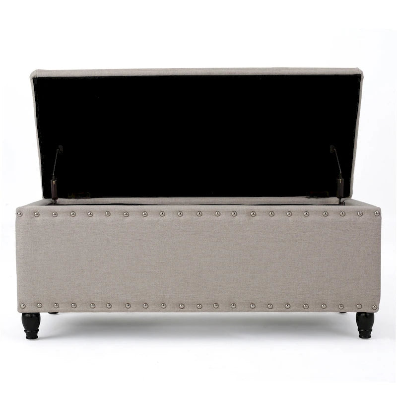 Banc ottoman de rangement Sharon, tissu beige, garniture cloutée, 42 pouces