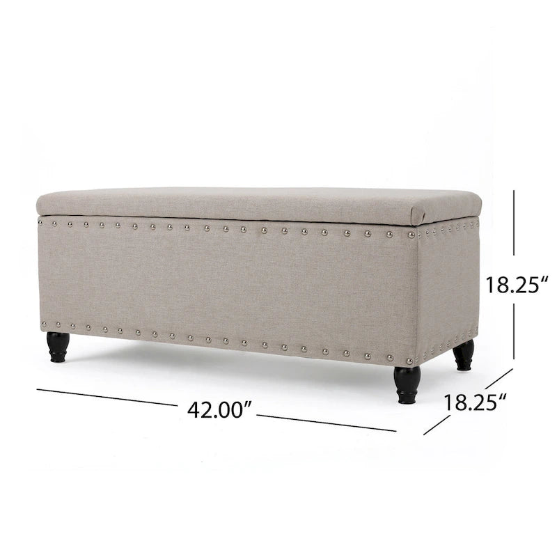 Banc ottoman de rangement Sharon, tissu beige, garniture cloutée, 42 pouces
