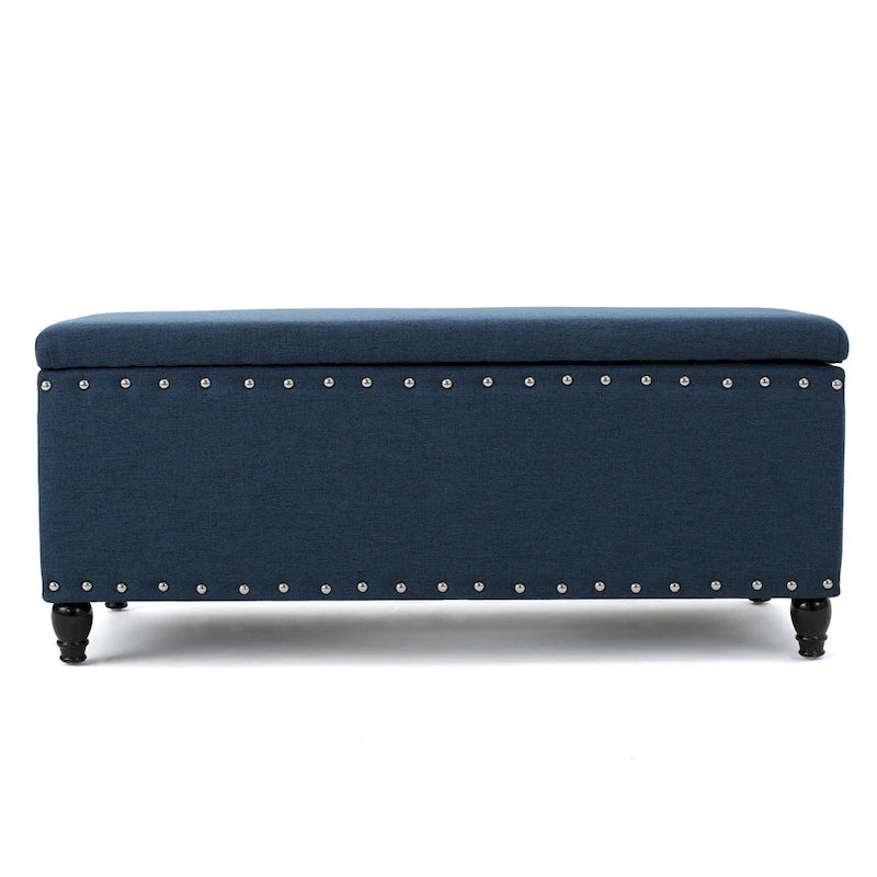Banc de rangement ottoman Sharon, tissu bleu marine, garniture cloutée, 42 pouces